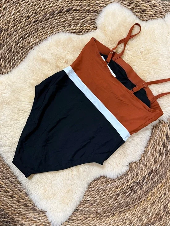 Rust and Black Colorblock One-Piece Swimsuit with White Waistband - Picture 4 of 4